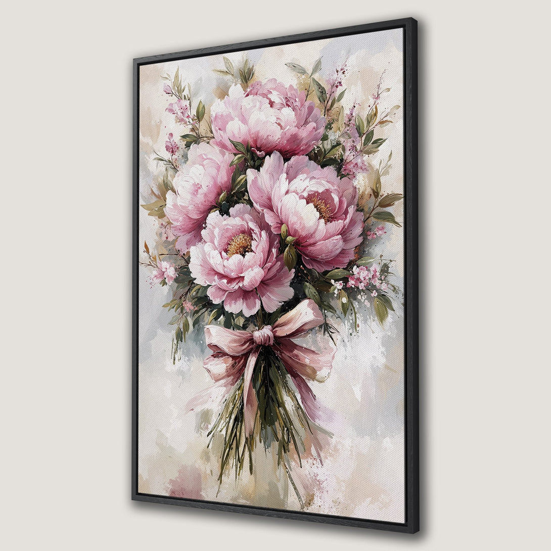 Framed Wall Art featuring a watercolor painting of pink peonies with a bow. Soft, romantic style with a pastel color palette. Perfect for home decor.