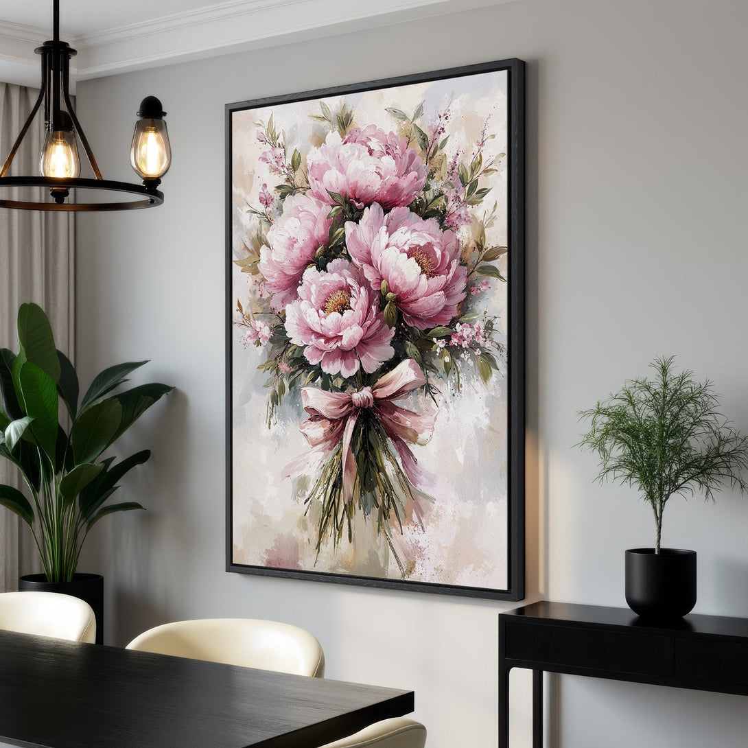 Framed Wall Art featuring a beautiful floral bouquet in a soft, watercolor style. Pink and neutral tones create a calming and elegant aesthetic.