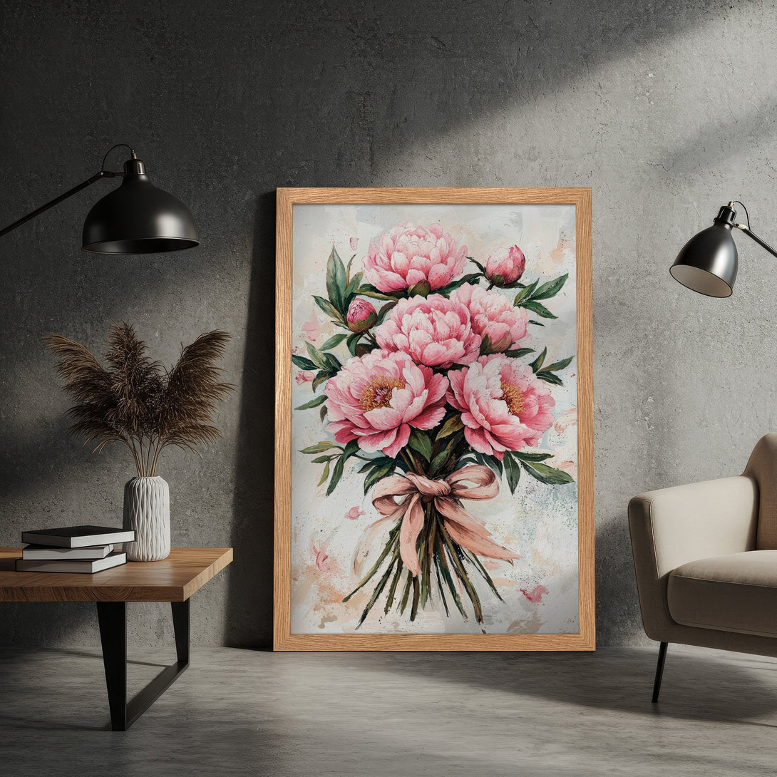 Framed Poster featuring watercolor-style pink peony bouquet. Soft, romantic floral art with a neutral, pastel color palette. Perfect wall decor!