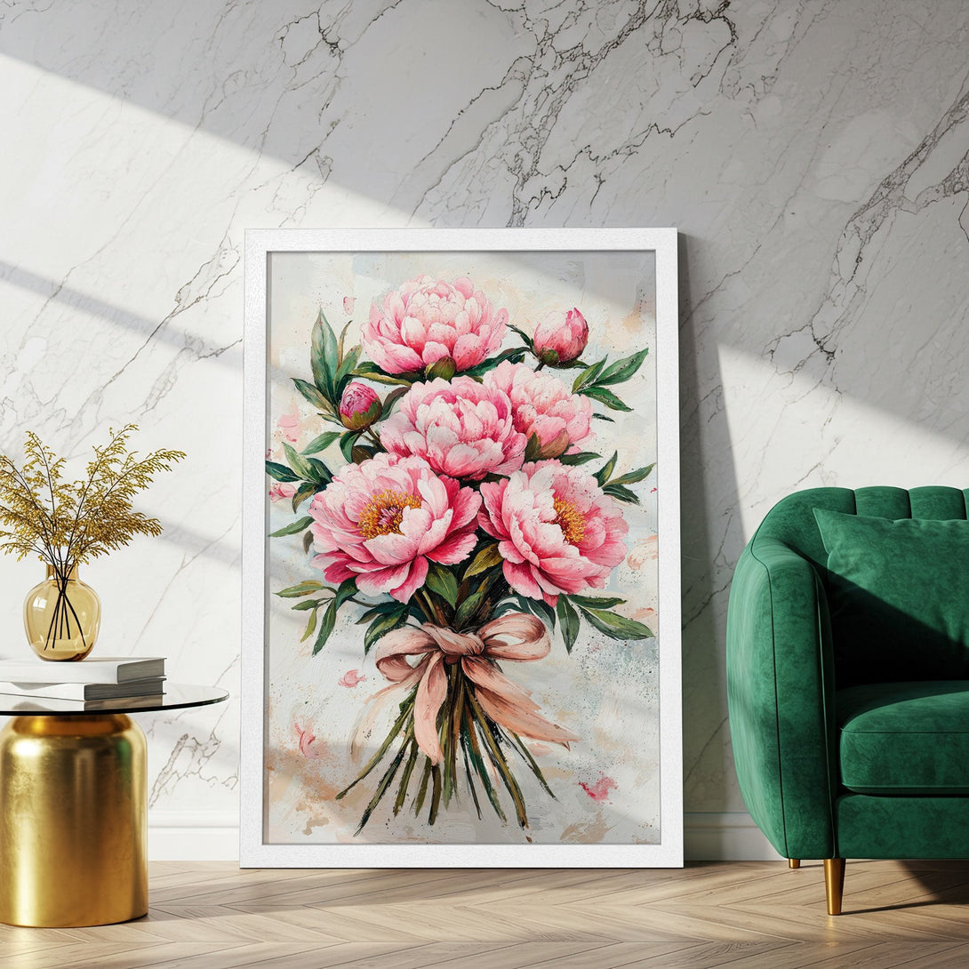 Framed Poster featuring a watercolor bouquet of pink peonies. Elegant floral art in a soft, romantic color palette. Perfect wall decor!