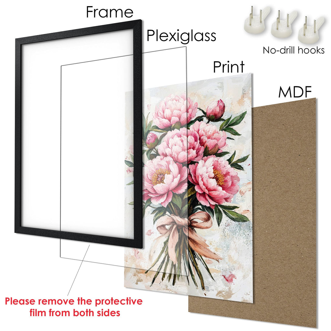 Framed Poster featuring a floral bouquet. Artistic style with pink, green, and neutral tones. Perfect wall art for any room.