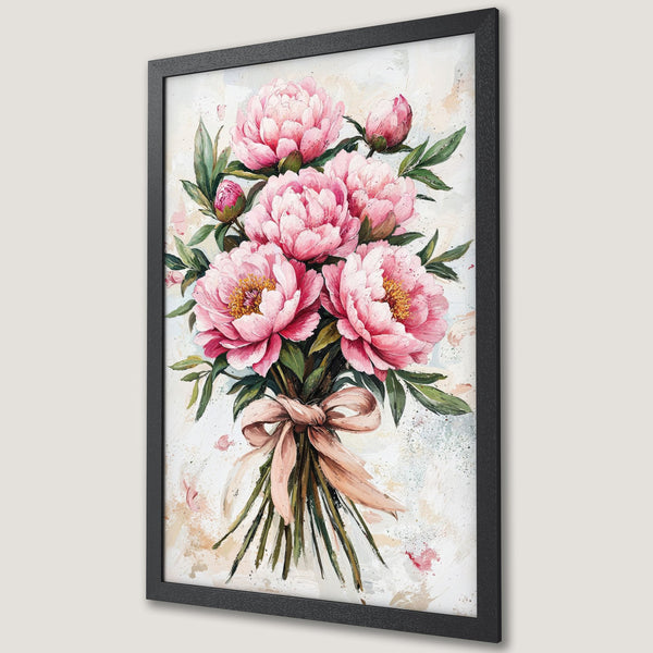 Framed Poster featuring a beautiful peony bouquet in a painterly style with a pink, green, and cream color palette. Perfect floral wall art!