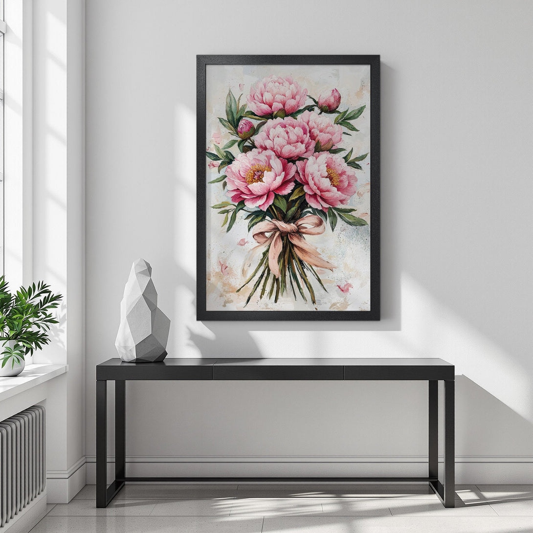 Framed Poster of pink peonies. Watercolor style floral art in a soft pink and green palette, perfect for home decor.