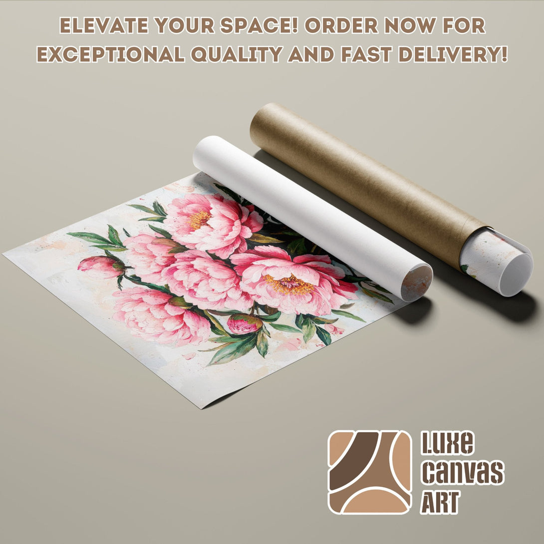 Poster Roll of pink floral art, watercolor style, in a soft neutral color palette. Elevate your space with Luxe Canvas Art!