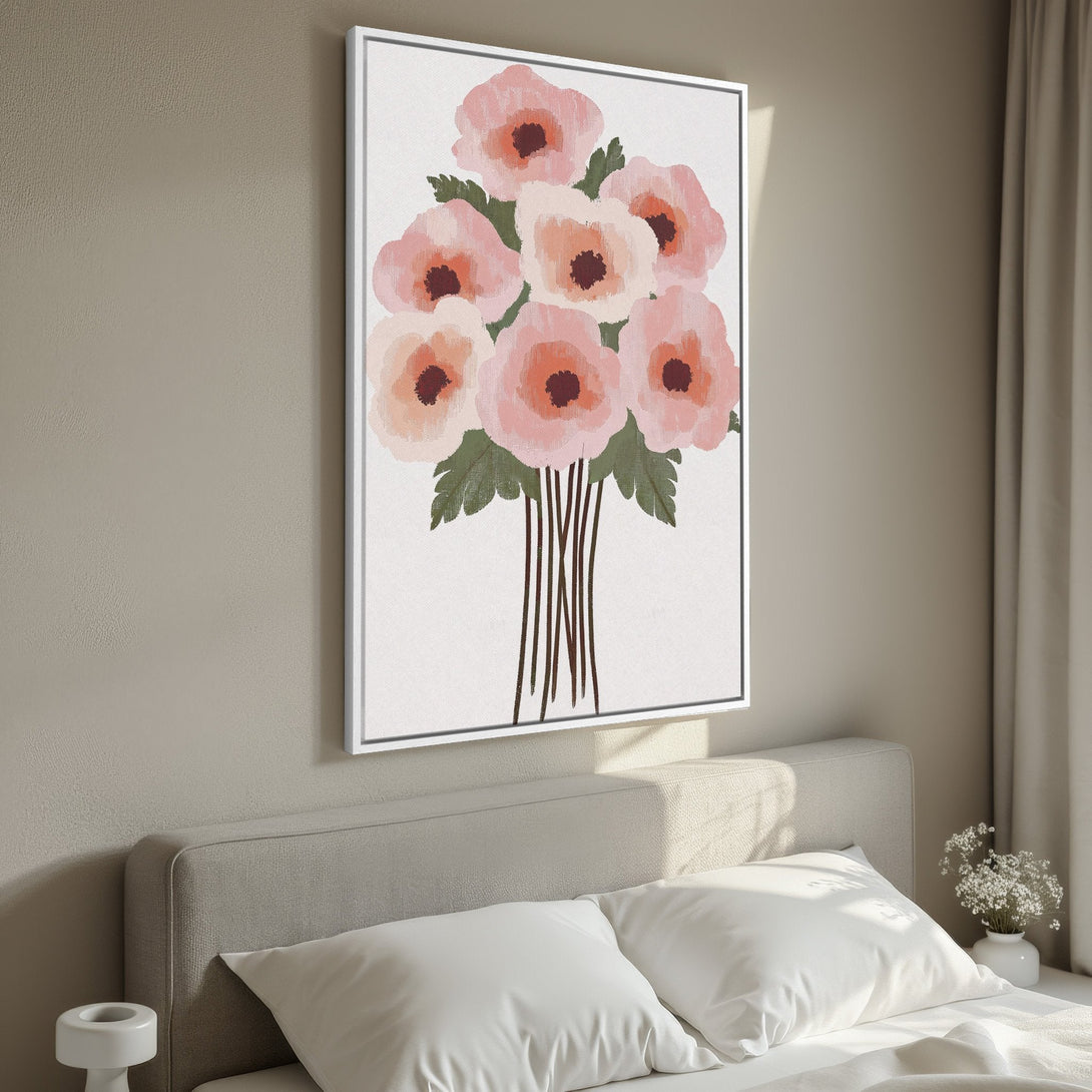 Framed Wall Art: Abstract floral print in soft pink and peach tones. Modern art for bedroom decor. Canvas Print adds a touch of elegance to any space.