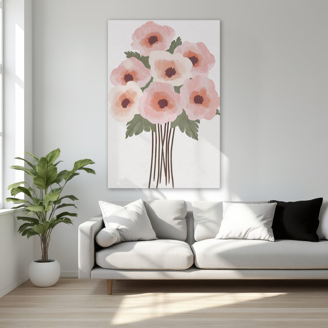 Framed Wall Art featuring a floral bouquet in soft pinks and greens. Elegant canvas print adds a touch of sophistication to any space.