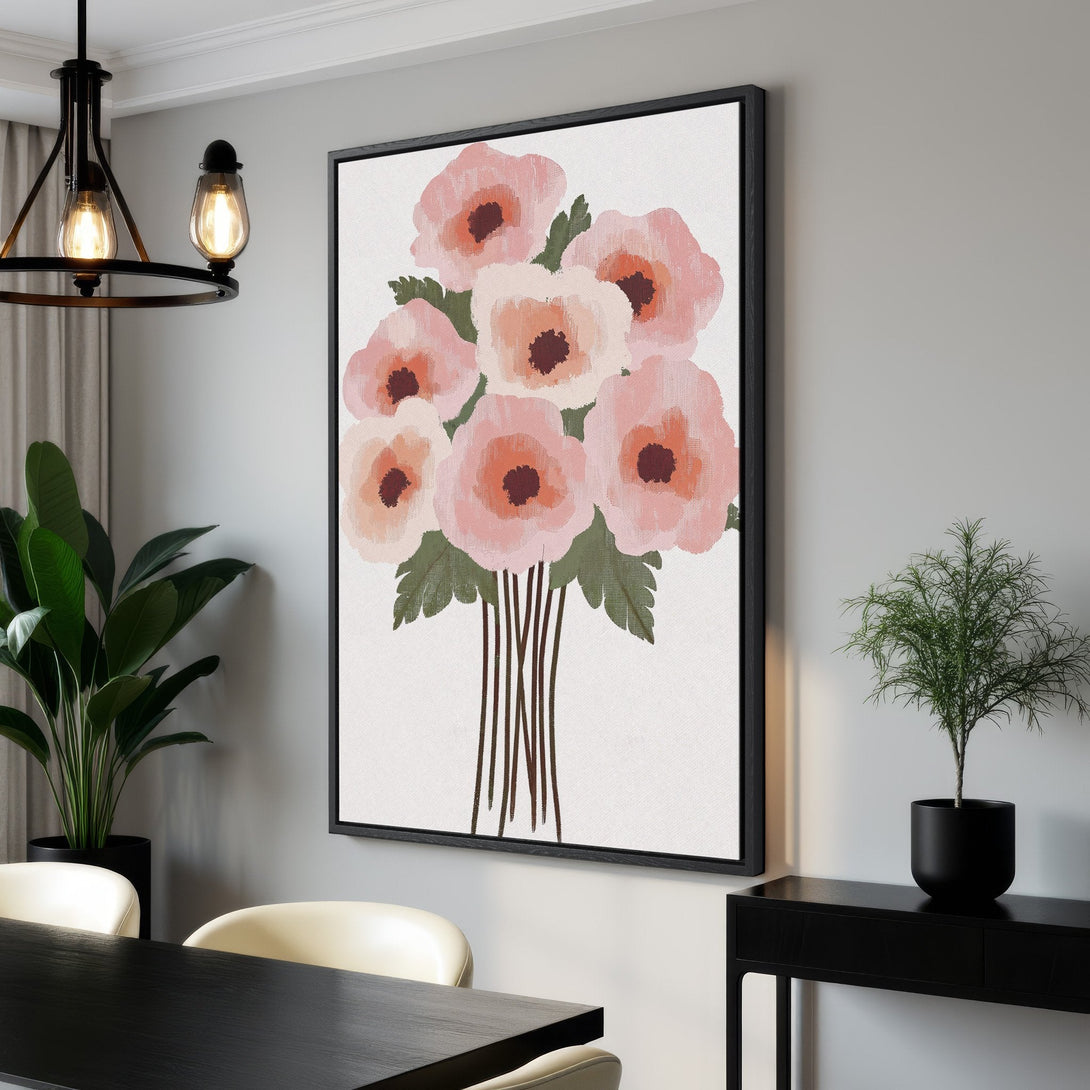 Framed Wall Art featuring a floral bouquet in a soft, painterly style. The Canvas Print showcases a blush pink and peach color palette, perfect for modern interiors.