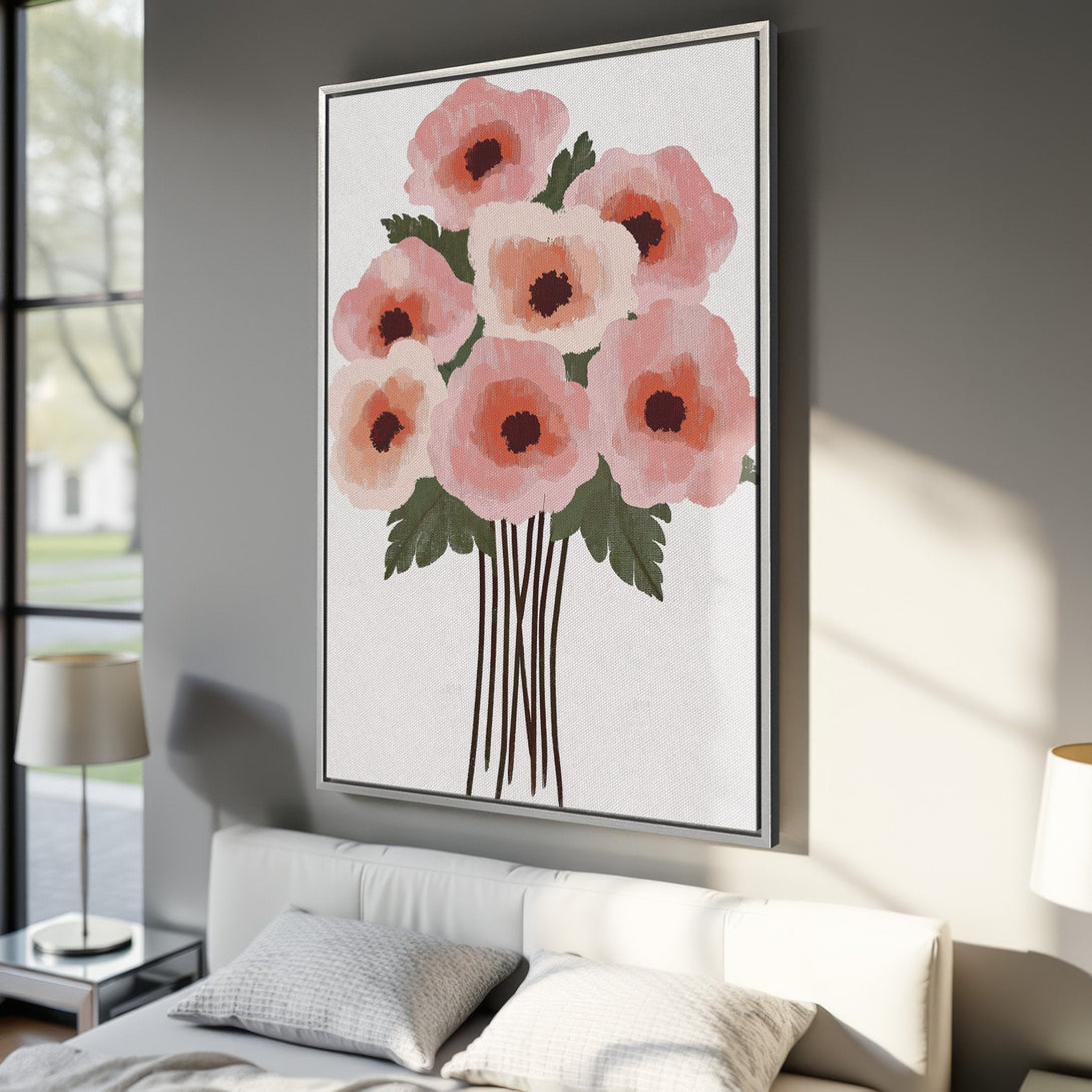 Framed Wall Art featuring a floral bouquet in a soft pink and peach color palette. Perfect for adding a touch of elegance to any space.