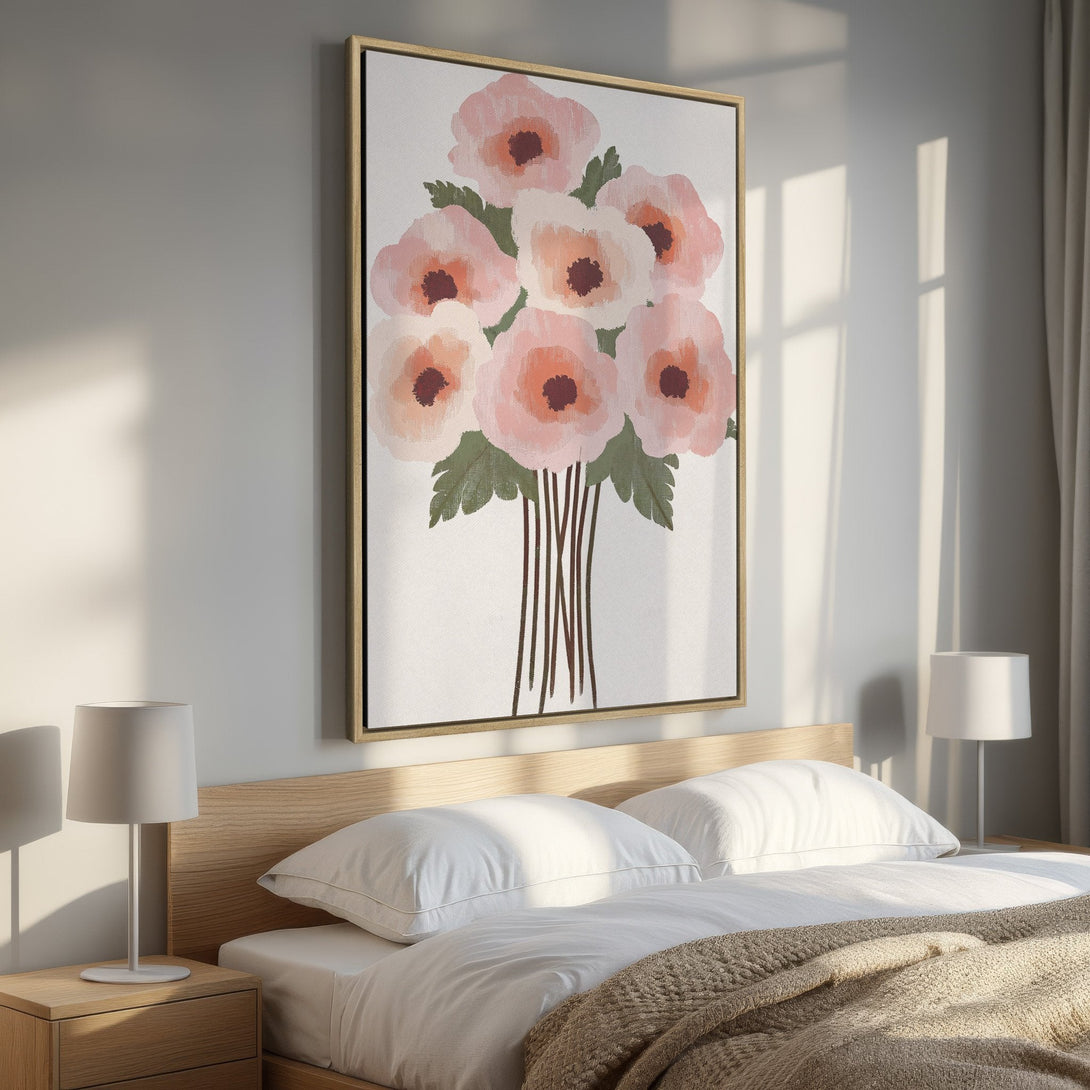 Framed Wall Art: Abstract floral print in soft pink and peach tones. Modern canvas art for bedroom decor. Adds a touch of elegance.