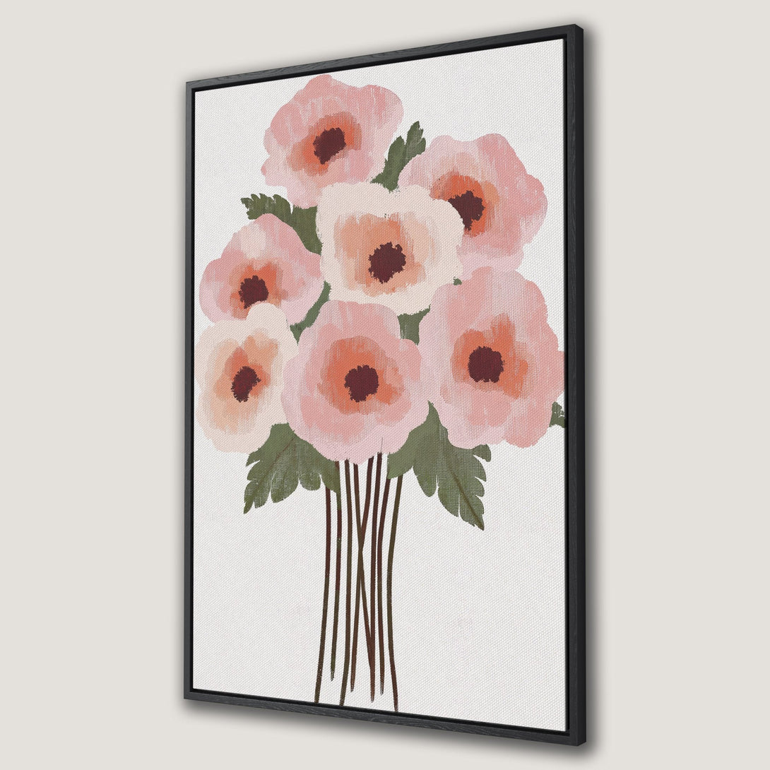 Framed Wall Art featuring a floral bouquet in a soft, painterly style. Delicate pink and peach blooms on a white canvas, perfect for adding a touch of elegance.