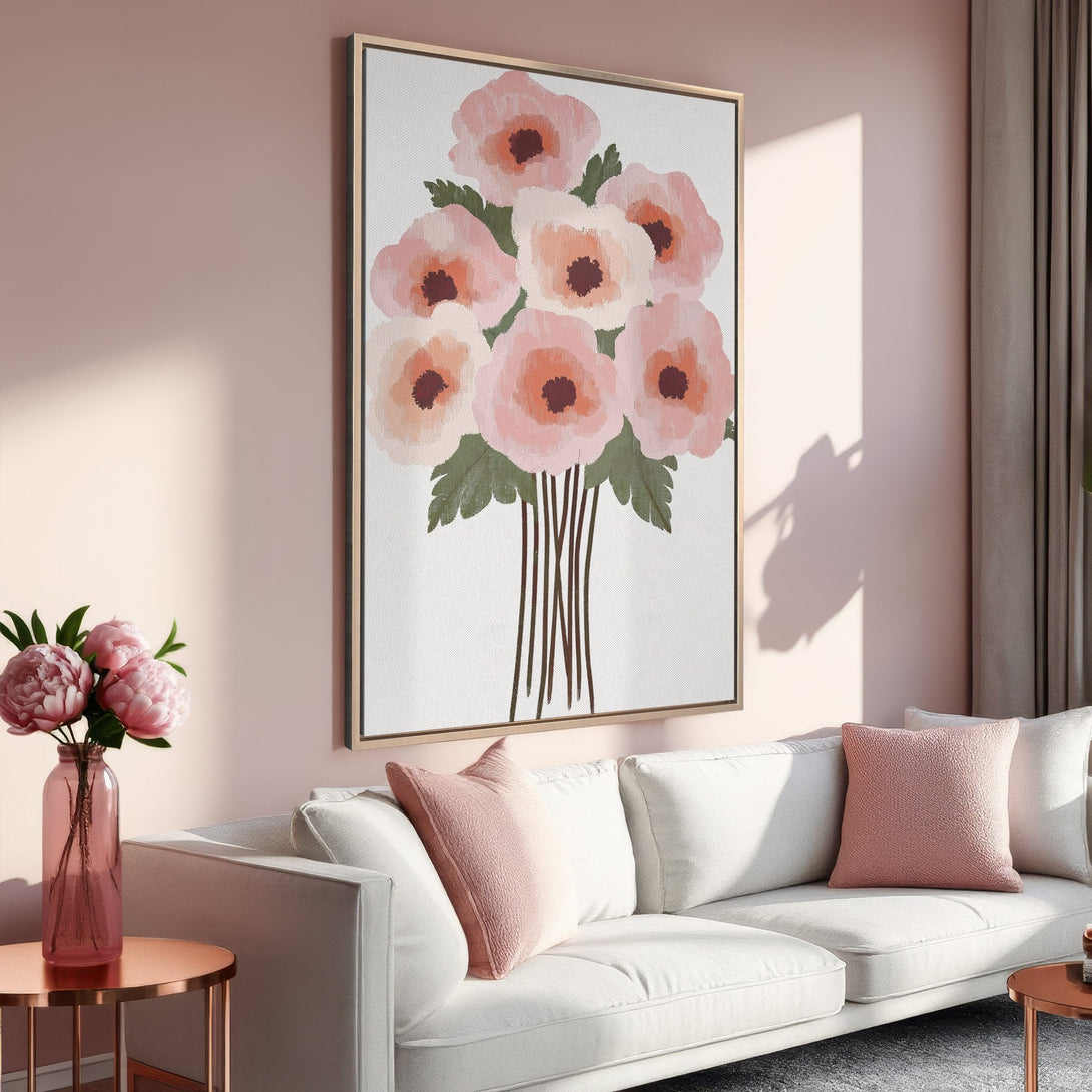 Framed Wall Art featuring a floral bouquet in soft pinks & peaches. Modern, elegant home decor. Perfect for living rooms.