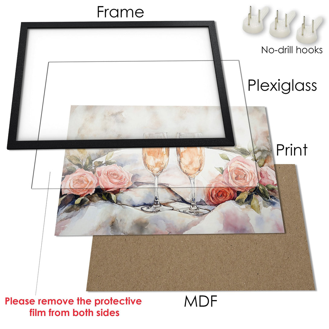 Framed Poster featuring champagne glasses and roses in a watercolor style. Soft pink and beige color palette. Perfect wall art for your home!