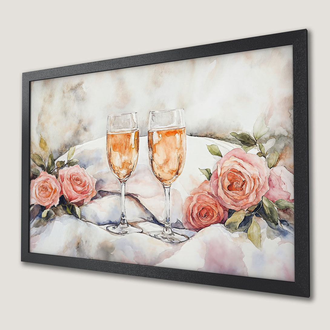Framed Poster featuring watercolor artwork of champagne glasses and roses in a soft pink and neutral palette. Perfect for romantic decor.