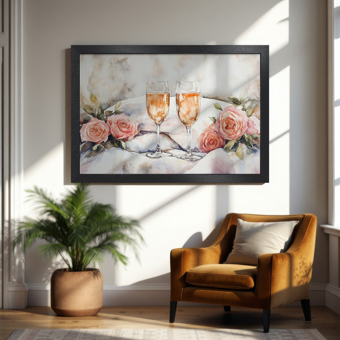 Framed Poster featuring watercolor champagne glasses & roses. Romantic art in soft pinks & golds. Perfect home decor.
