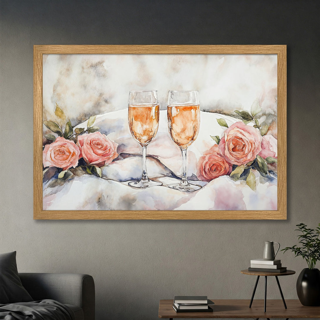 Framed Poster featuring watercolor painting of champagne glasses and roses, soft pink and beige color palette, elegant wall art.
