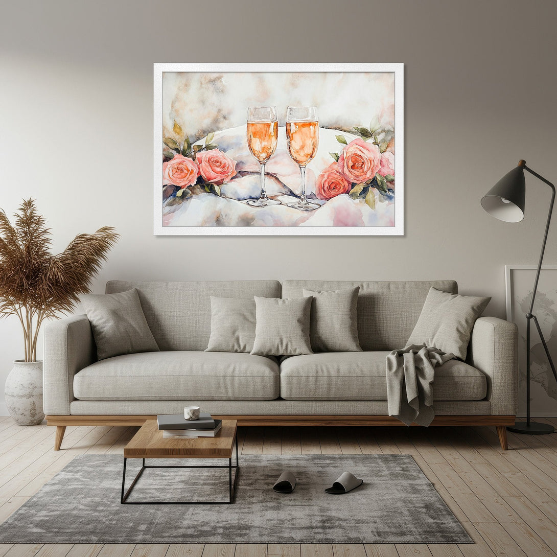 Framed Poster featuring watercolor champagne glasses & roses. Soft, romantic style with a warm, neutral color palette. Perfect for home decor!