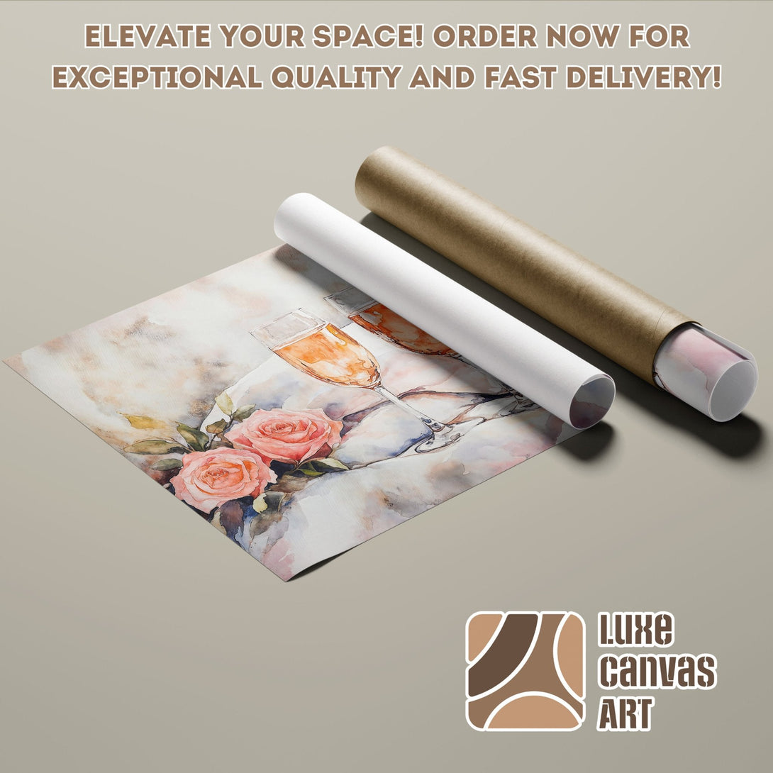 Watercolor Poster Roll with champagne and roses. Soft, romantic color palette. Order yours today!