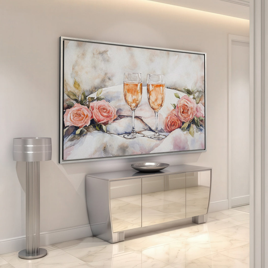Framed Wall Art featuring champagne glasses and roses in a watercolor style. Soft peach and cream color palette, perfect for adding elegance to any space.