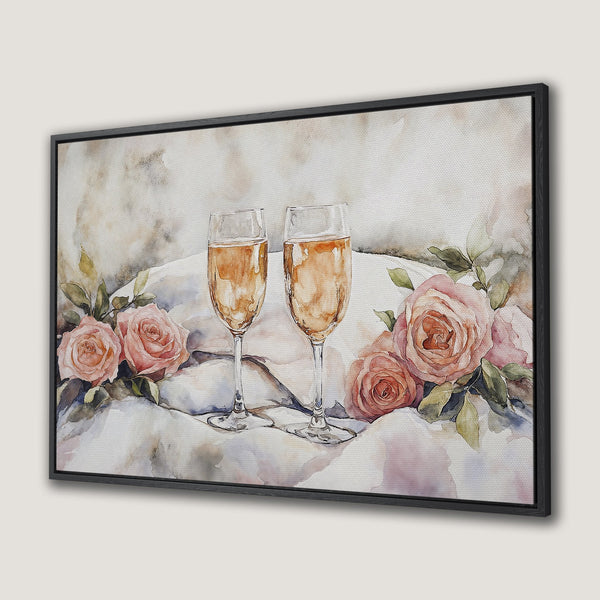 Framed Wall Art: Watercolor painting of champagne glasses & roses in blush tones. Perfect romantic decor for your home.