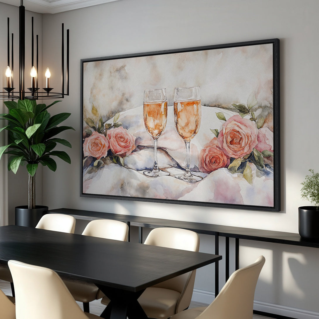 Framed Wall Art: Watercolor painting of champagne glasses and roses, perfect for dining room decor. Soft pink and neutral tones create a romantic ambiance.
