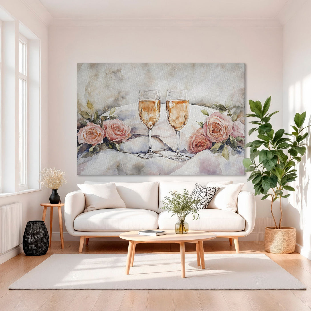 Framed Wall Art: Watercolor painting of champagne glasses and roses in a gold frame. Soft, romantic style with a blush and gold color palette.