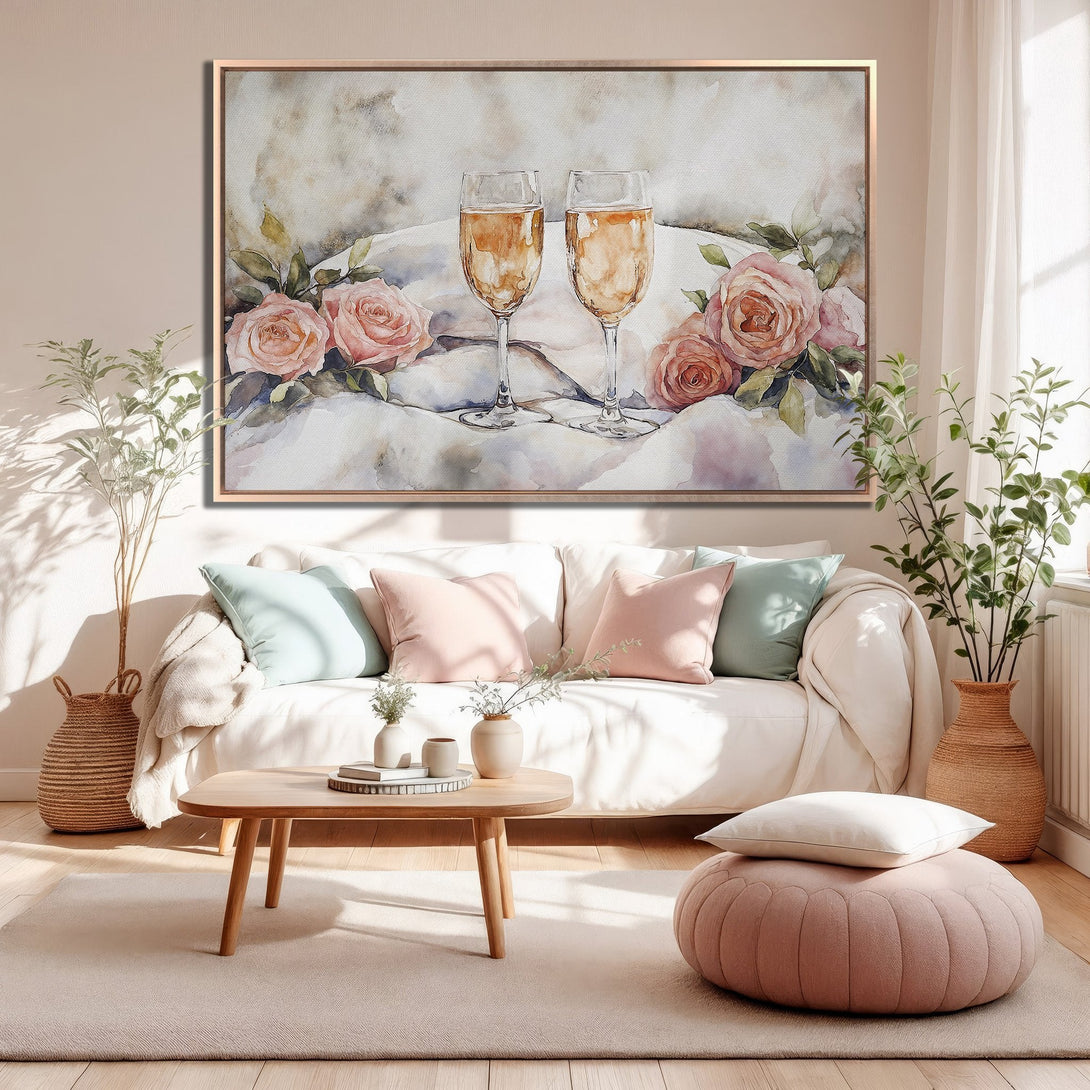 Framed Wall Art: Watercolor champagne glasses & roses, soft pink & neutral tones. Perfect for romantic home decor. Shop now!