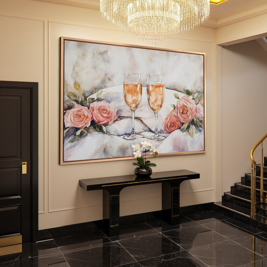 Framed Wall Art: Romantic watercolor painting of champagne flutes and roses. Elegant decor with soft pink, gold, and neutral tones. Elevate your space!