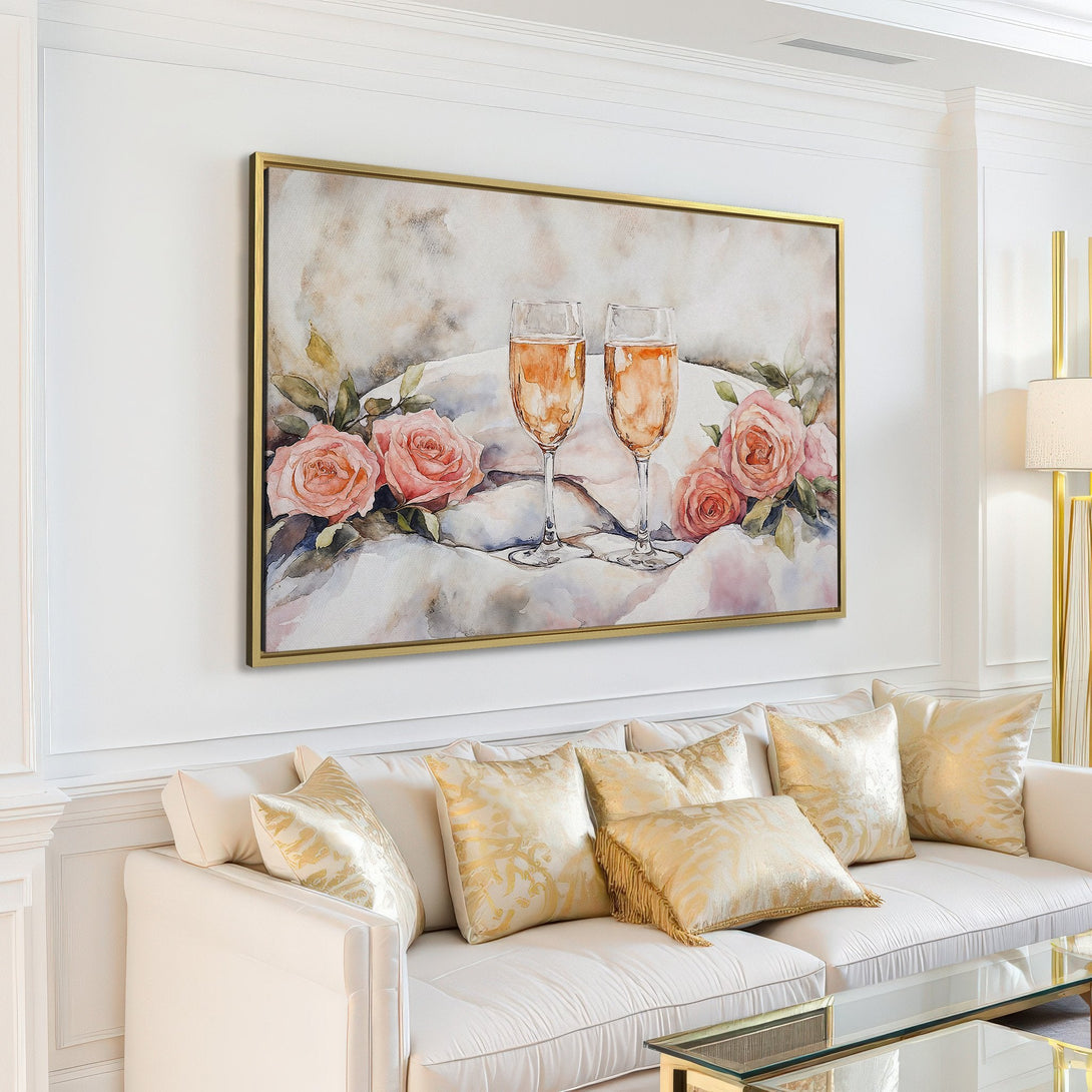 Canvas Print: Watercolor painting of champagne glasses and roses in a light, airy interior. Soft pink and neutral color palette.