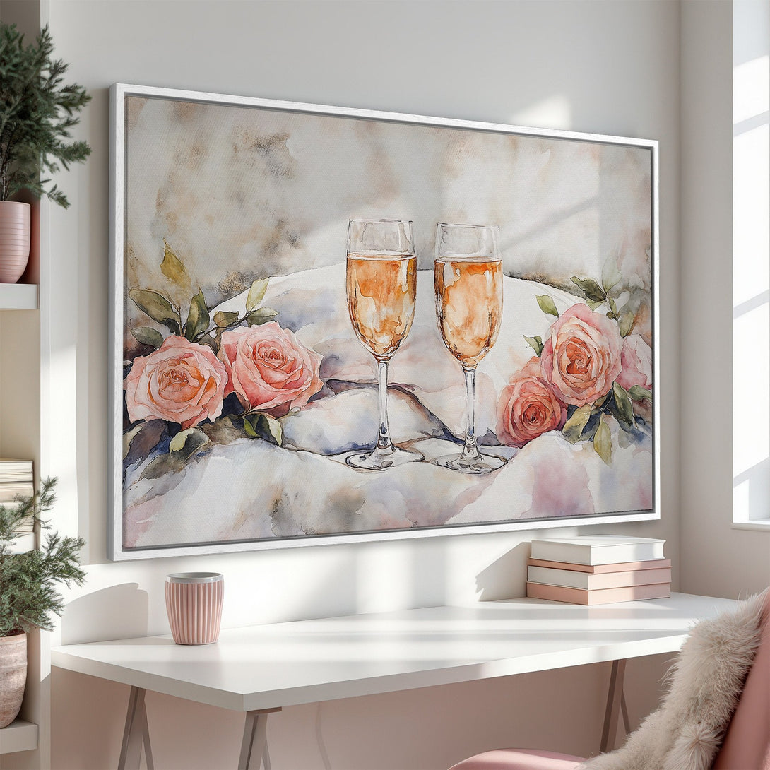 Framed Wall Art featuring champagne glasses and roses in watercolor style. Soft pink and neutral tones create a romantic and elegant ambiance.