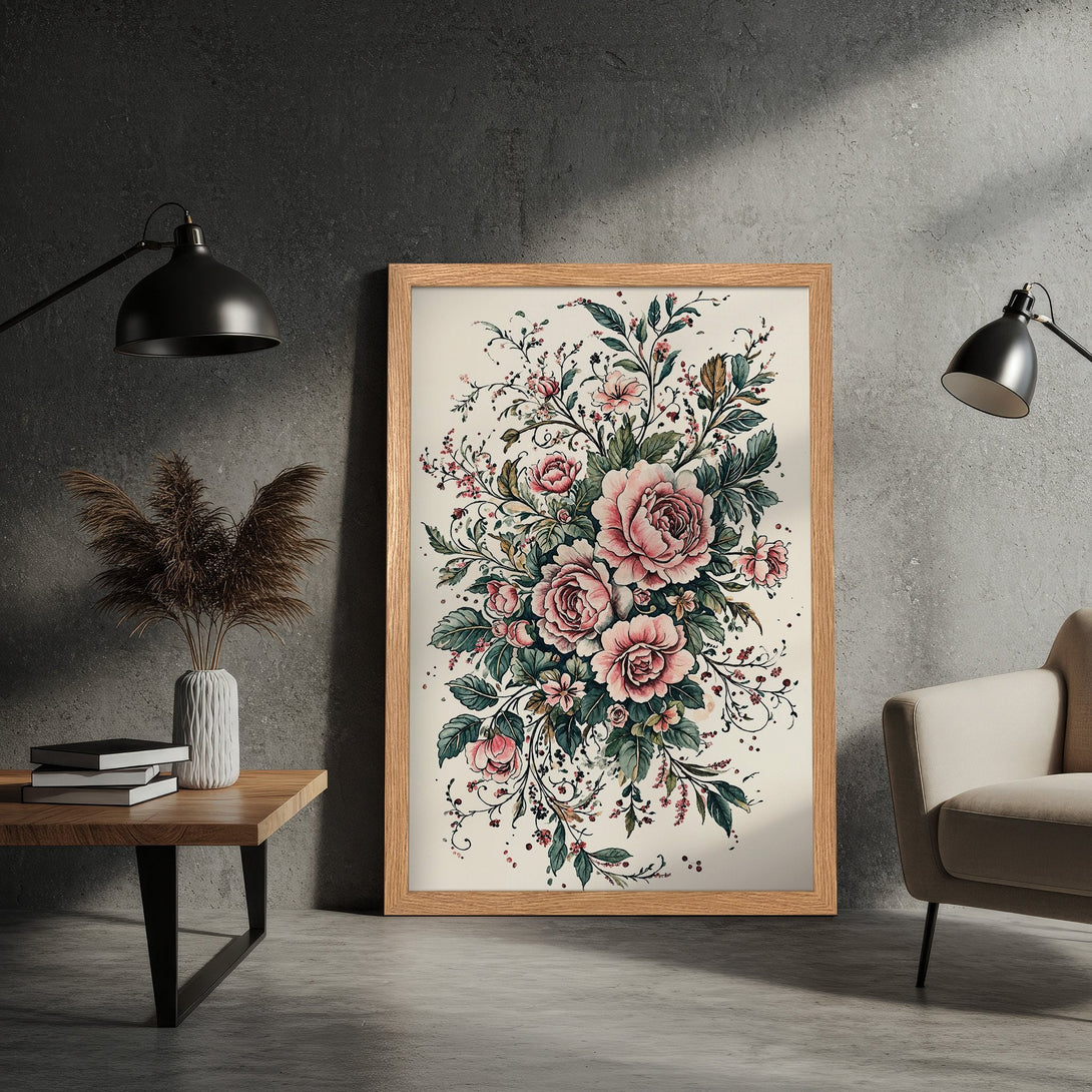 Framed Poster featuring watercolor floral art in pink and green tones. Perfect wall decor for a touch of elegance.