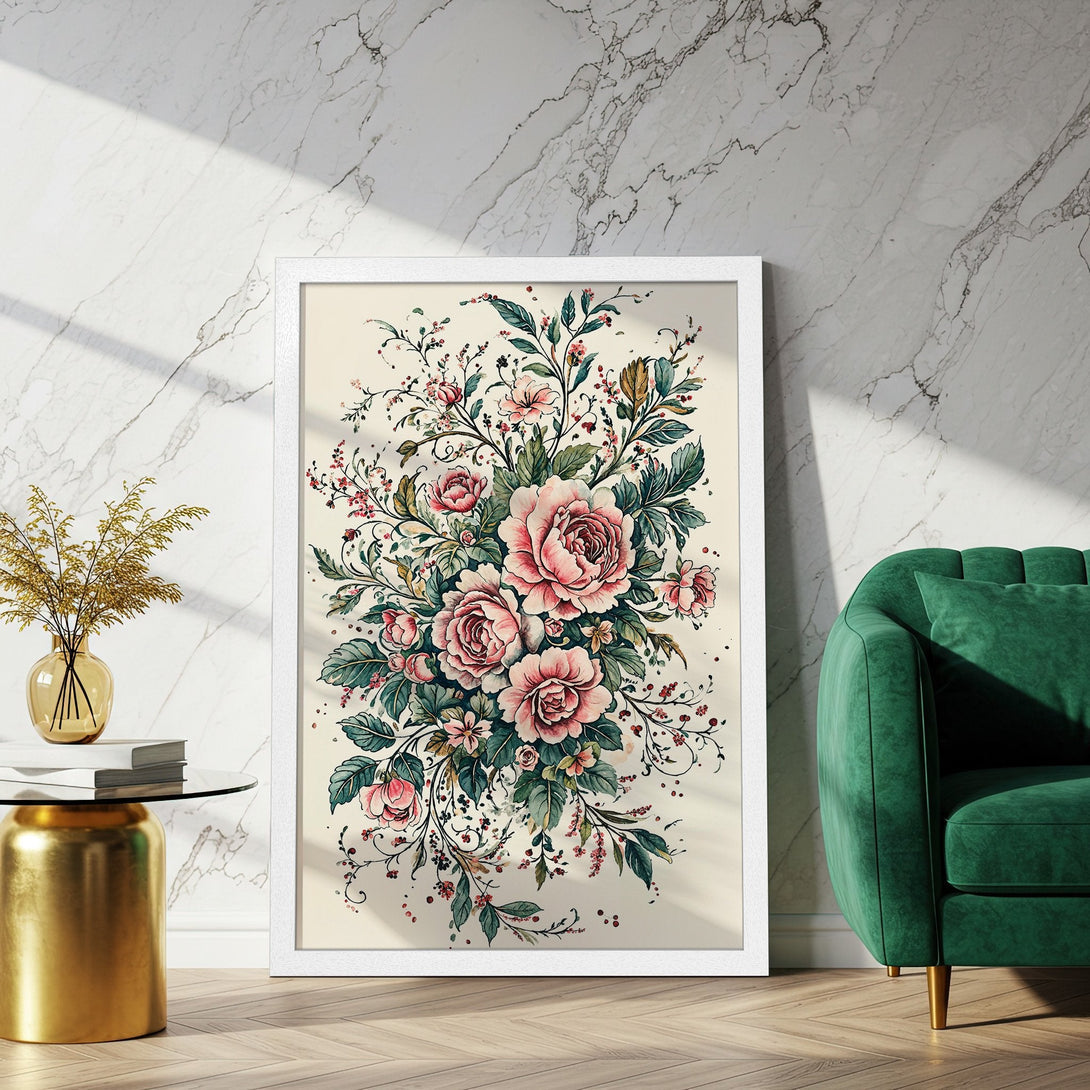 Framed Poster featuring a floral watercolor design in pinks and greens. Perfect for adding a touch of elegance to any space.