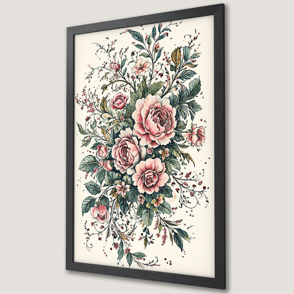 Framed Poster featuring a watercolor floral design with pink roses and green leaves. Soft, elegant style.