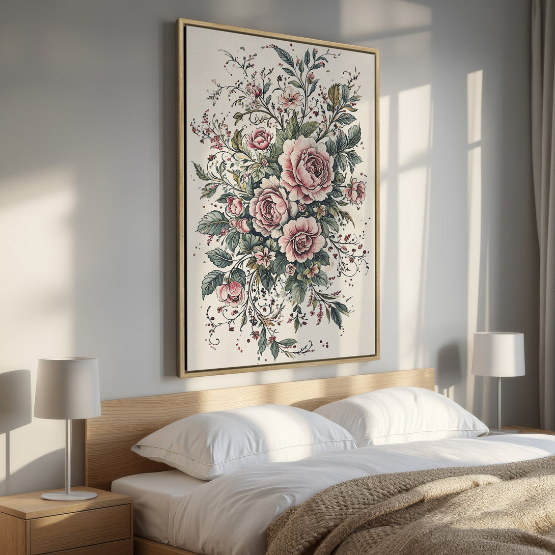Framed Wall Art: Watercolor floral print with pink roses and green foliage. Adds a touch of elegance to any bedroom. Soft, romantic color palette.