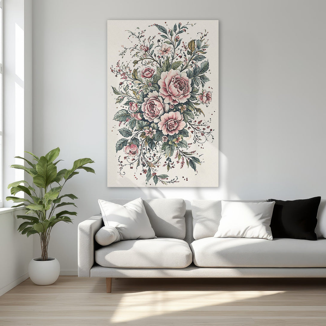 Framed Wall Art featuring a floral watercolor design with pink roses and green foliage. Elegant, romantic canvas print for bedroom decor.