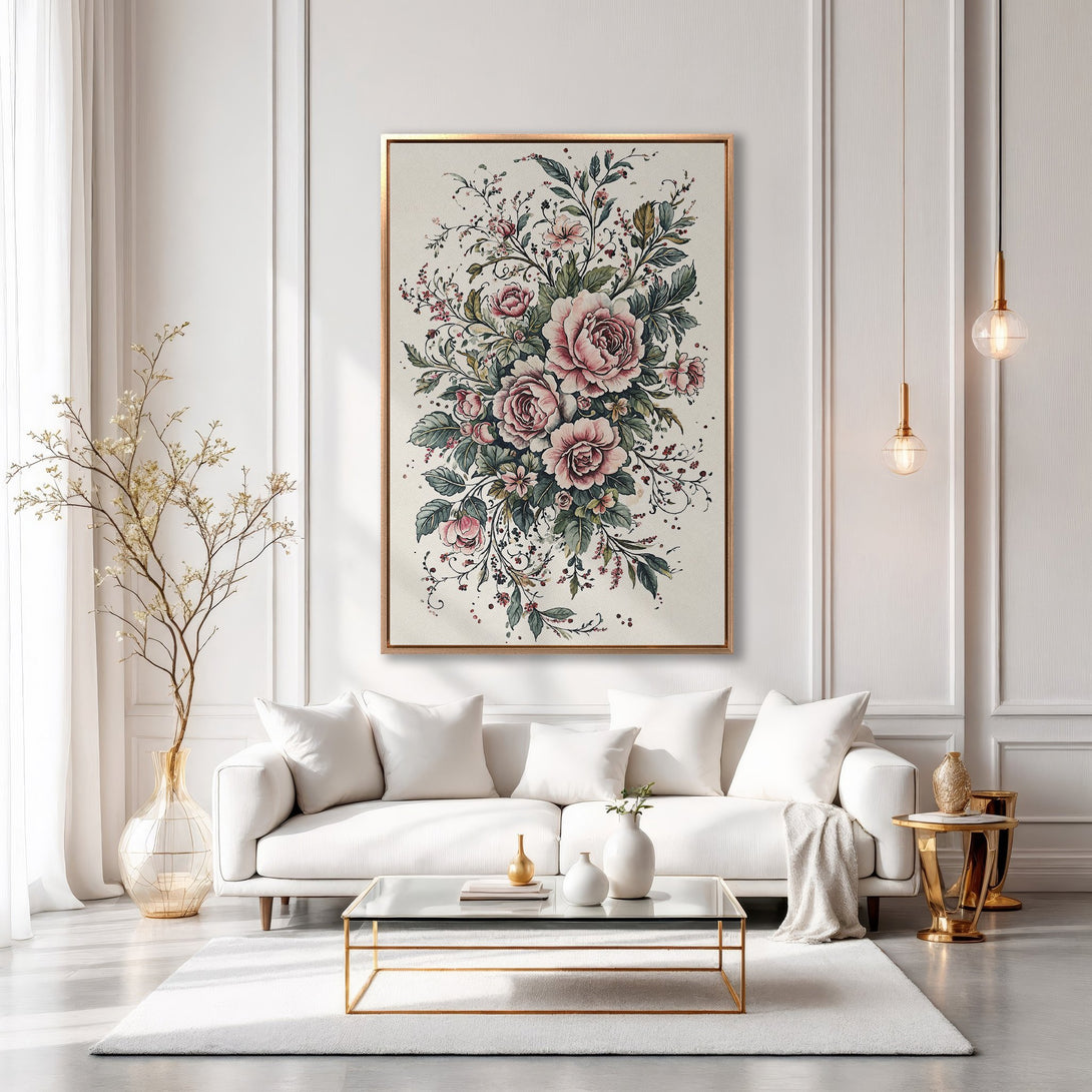 Framed Wall Art: Elegant floral Canvas Print in blush pink and green tones, displayed in a modern, light-filled interior. Enhance your home decor!