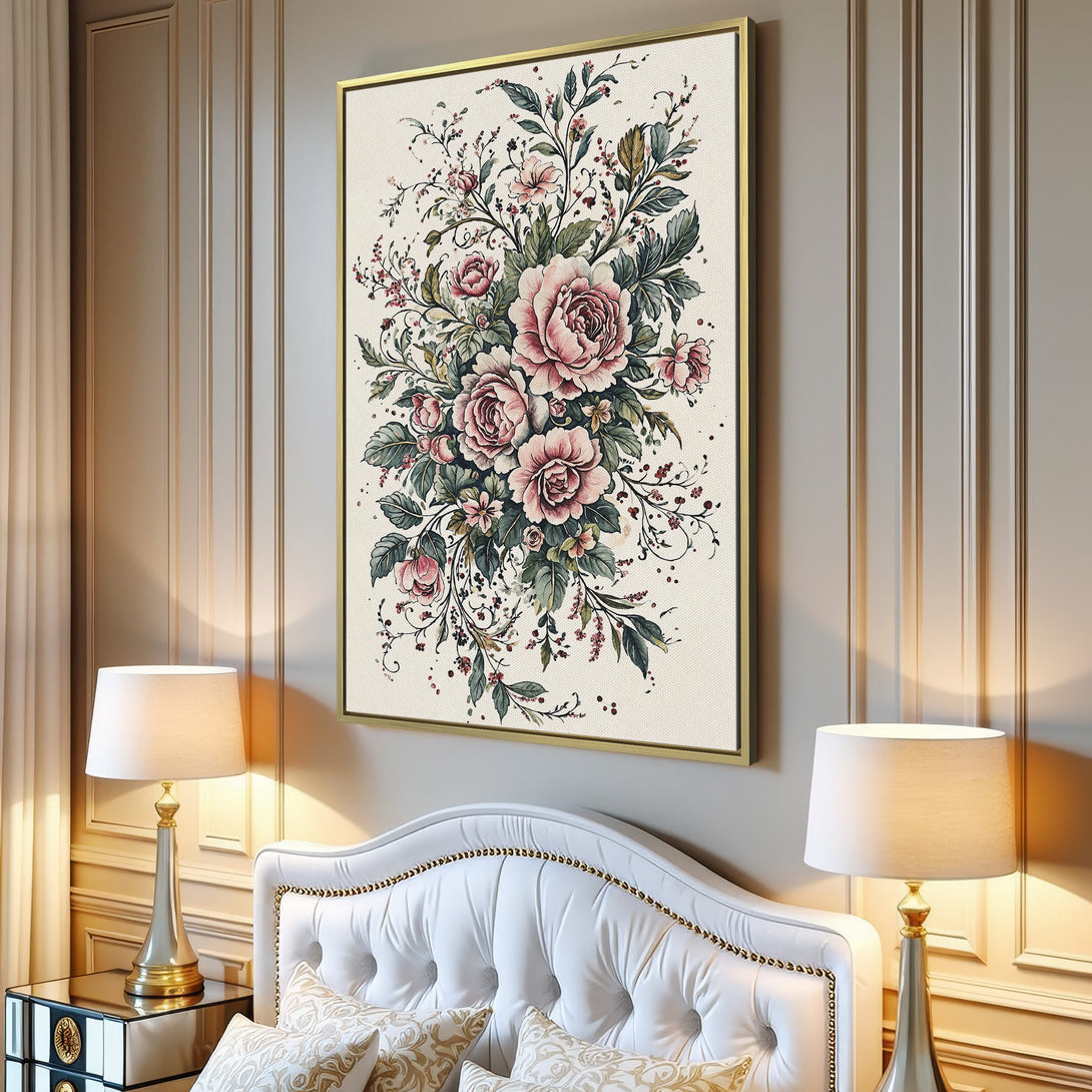 Canvas Print featuring a floral watercolor design with pink roses and green leaves, displayed in a modern living room. Soft, neutral color palette.