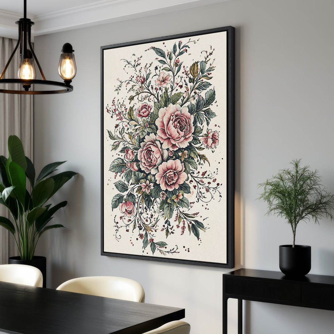 Framed Wall Art featuring a floral watercolor design with pink roses and green foliage. A beautiful canvas print for your home, adding elegance and color.