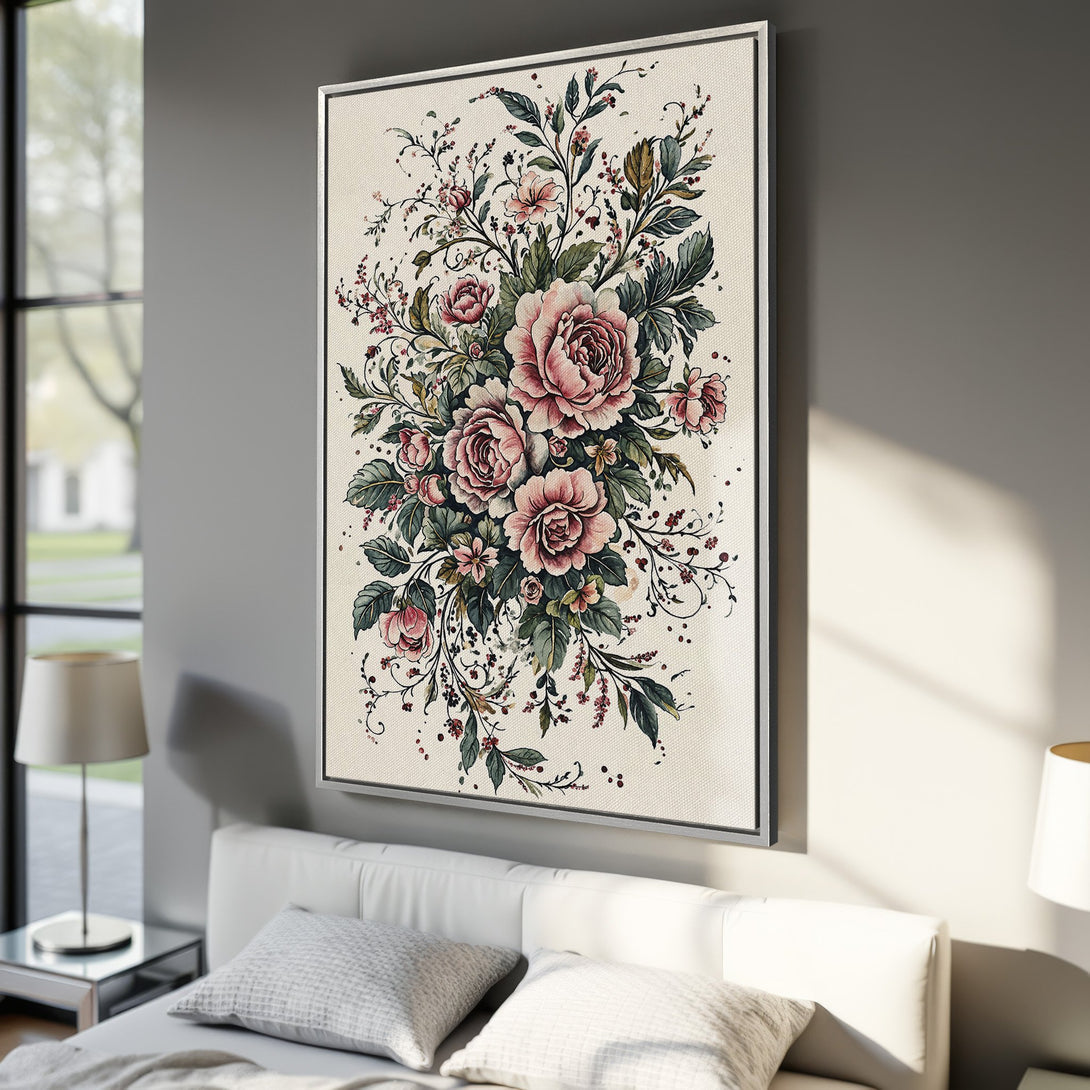 Framed Wall Art featuring watercolor floral bouquet in pinks and greens. Elegant canvas print for bedroom decor.