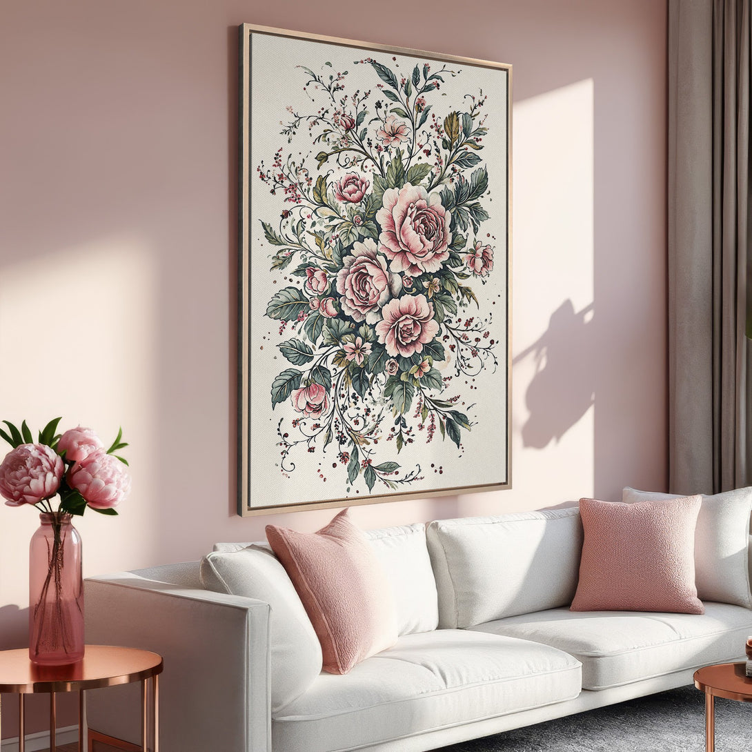 Framed Wall Art featuring a watercolor floral bouquet in pink and green hues, adding a touch of elegance to any living room.
