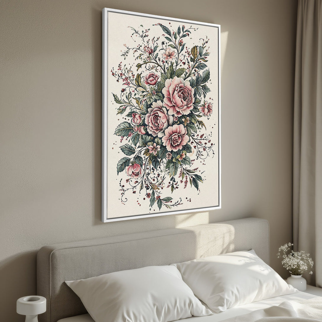 Framed Wall Art of a vintage floral bouquet in pink and green hues. Perfect for adding a touch of elegance to your bedroom decor.