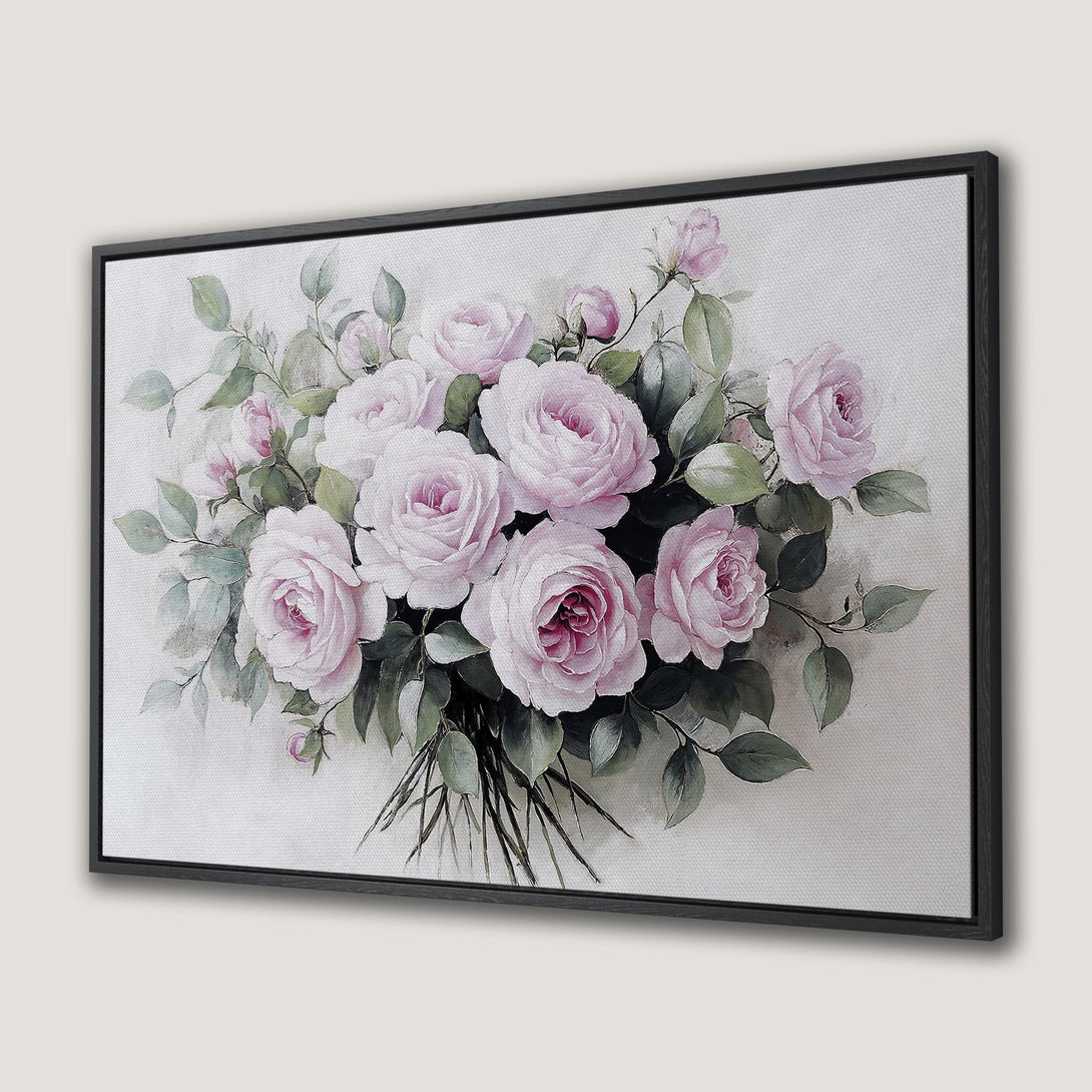 Framed Wall Art featuring a watercolor bouquet of pink roses and green foliage. Elegant floral art with a soft, romantic color palette.