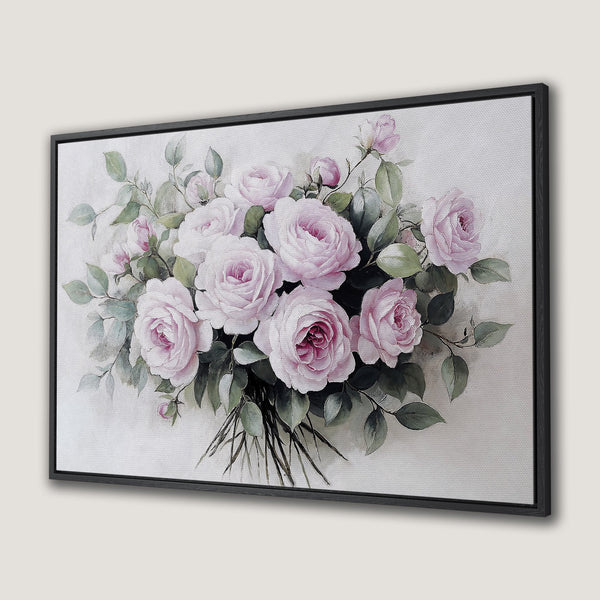 Framed Wall Art featuring a watercolor bouquet of pink roses and green foliage. Elegant floral art with a soft, romantic color palette.