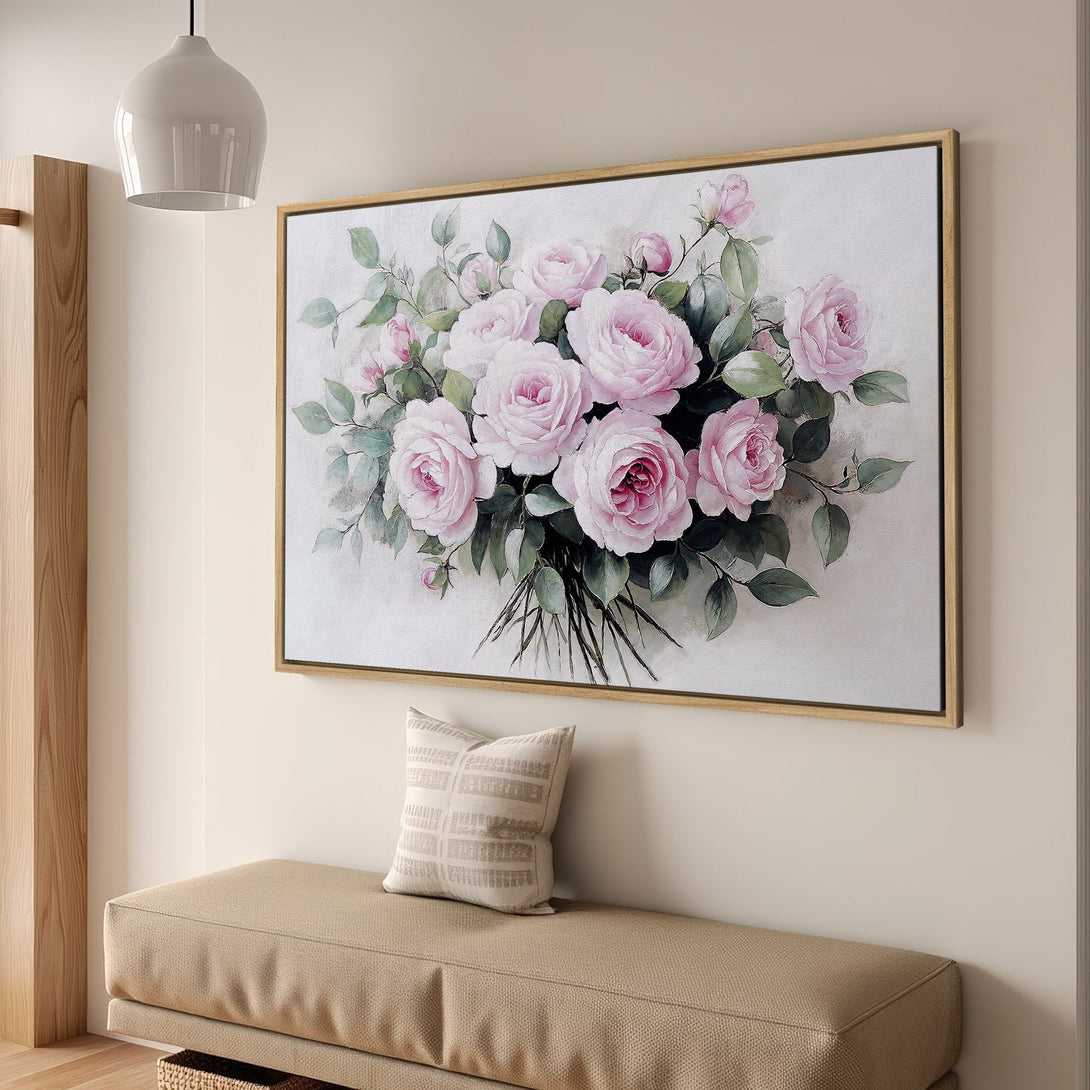Framed Wall Art featuring a beautiful bouquet of pink roses. Elegant floral art with green leaves on a neutral background. Perfect home decor.