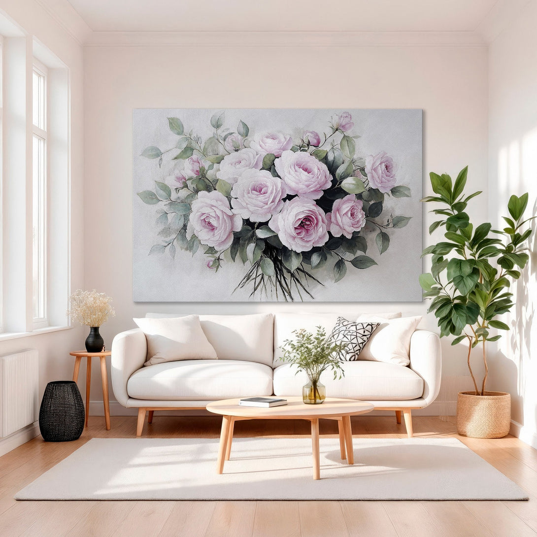 Framed Wall Art: Elegant floral print with pink roses and green leaves. Soft, romantic style with a neutral and gold color palette. Perfect for living room decor.