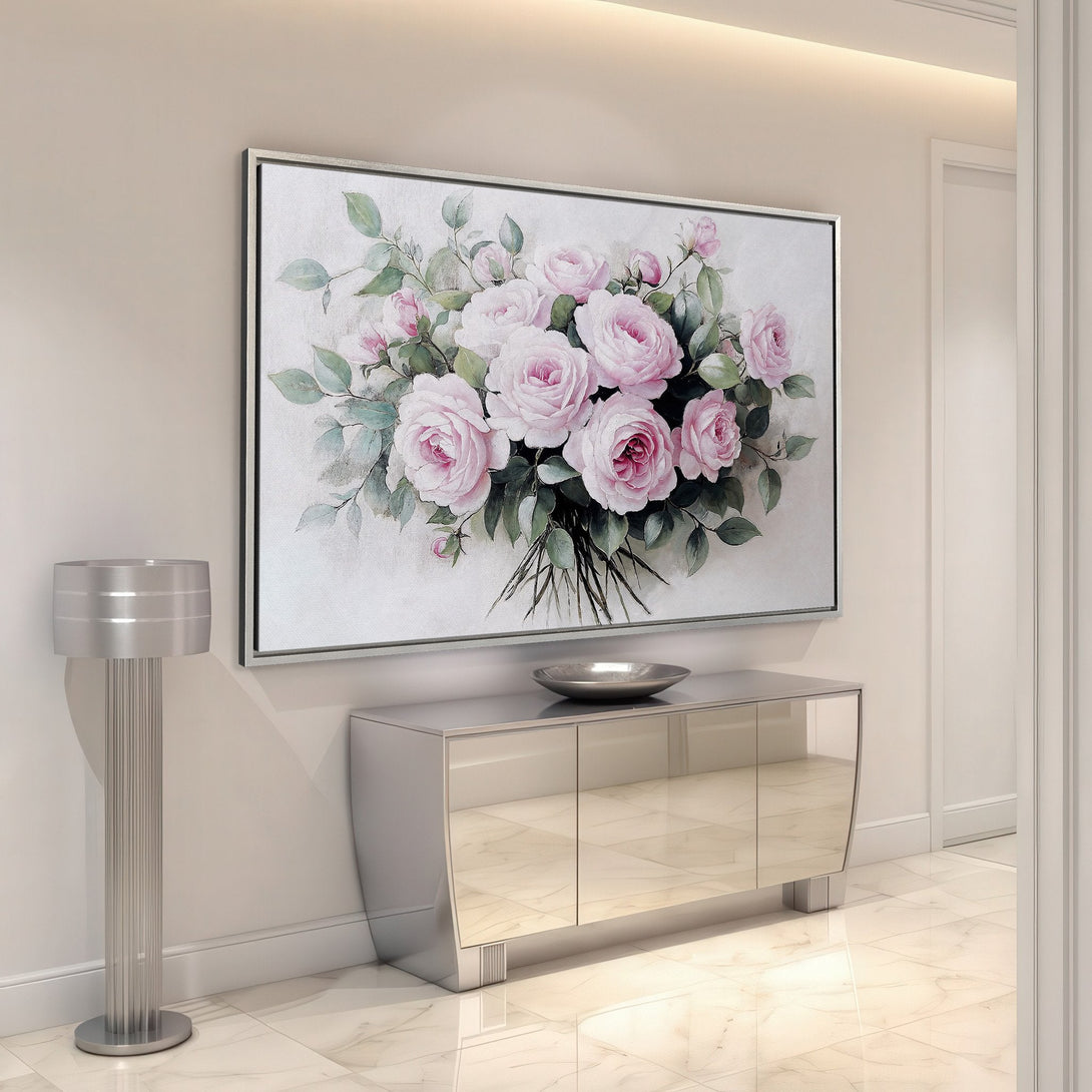 Framed Wall Art: Elegant floral canvas print featuring pink roses and green foliage, perfect for adding a touch of sophistication to any interior. Soft, romantic color palette.