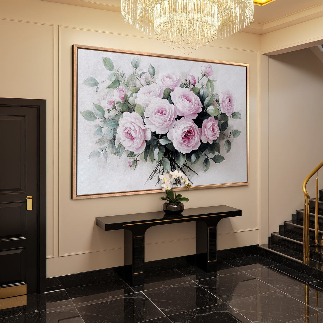 Framed Wall Art: Elegant floral painting with pink roses, displayed in a luxurious interior. Soft color palette complements the decor.