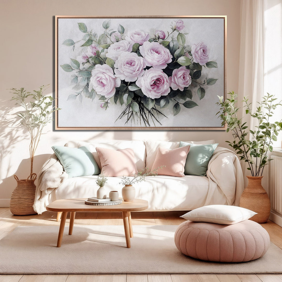 Framed Wall Art featuring a watercolor-style bouquet of pink roses. Soft, pastel color palette complements the cozy interior. Bring floral elegance to your home!