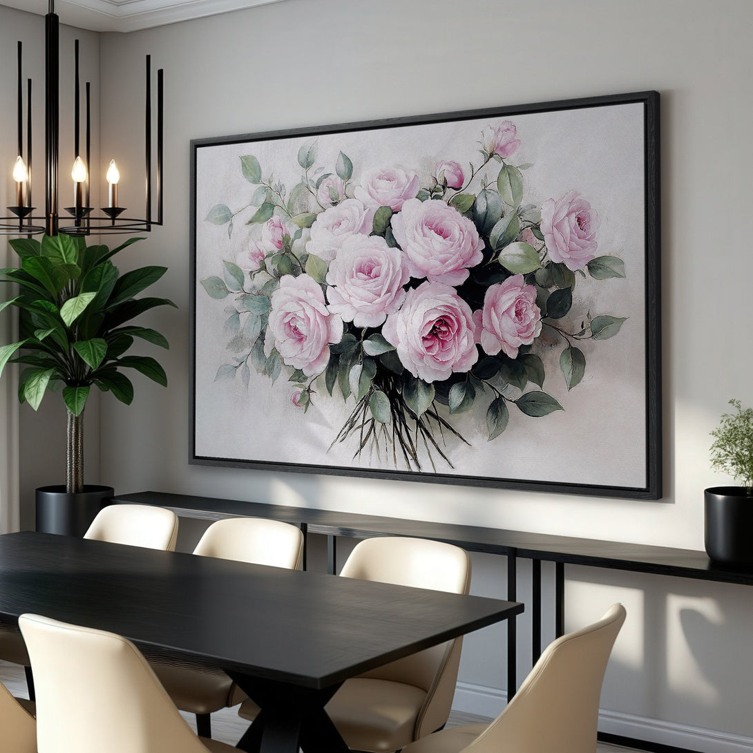 Framed Wall Art: Elegant floral canvas print featuring pink roses. Adds a touch of romance with its soft, neutral color palette to any interior space.