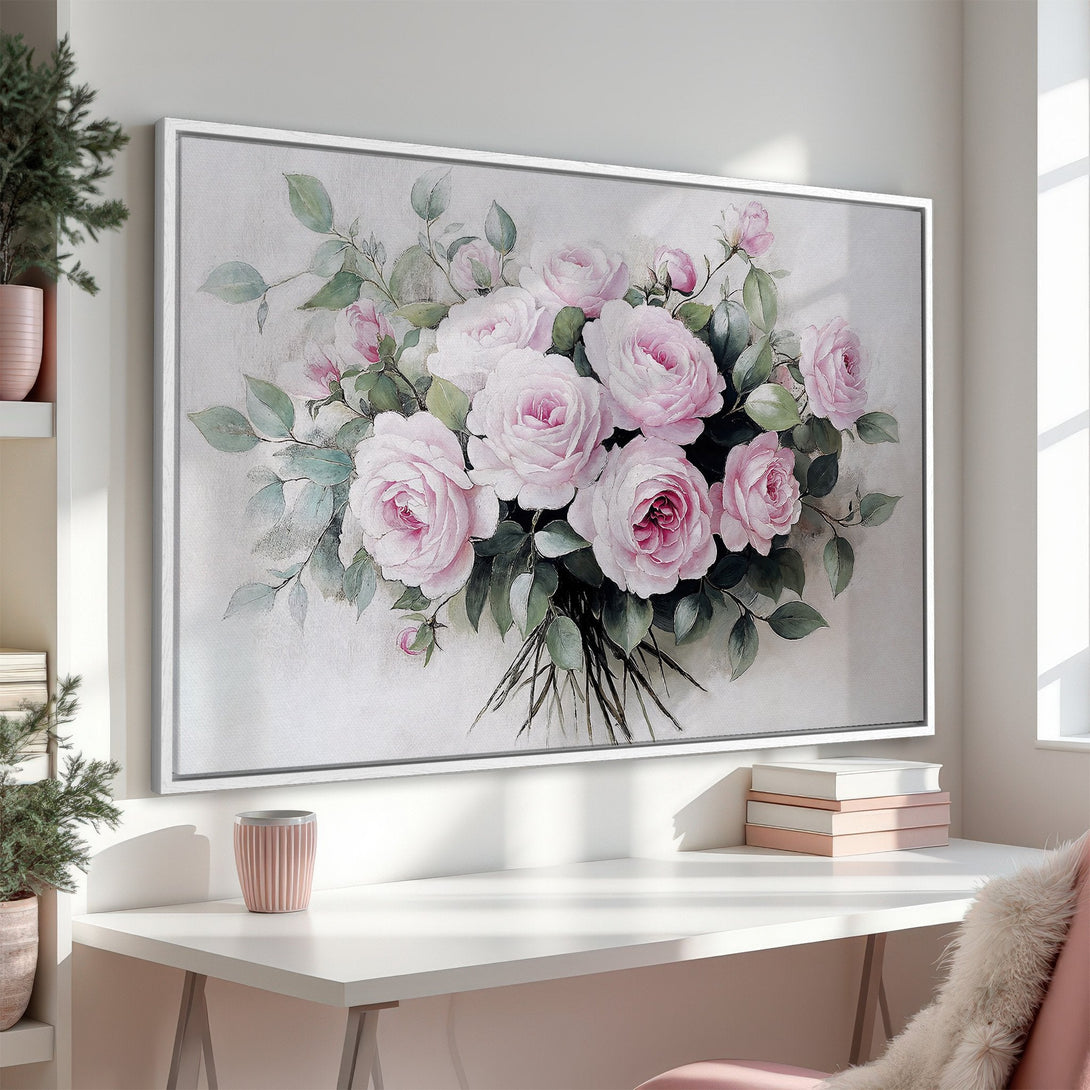 Framed Wall Art: Elegant floral canvas print featuring pink roses. Soft, romantic style with a neutral and blush color palette, perfect for any interior.