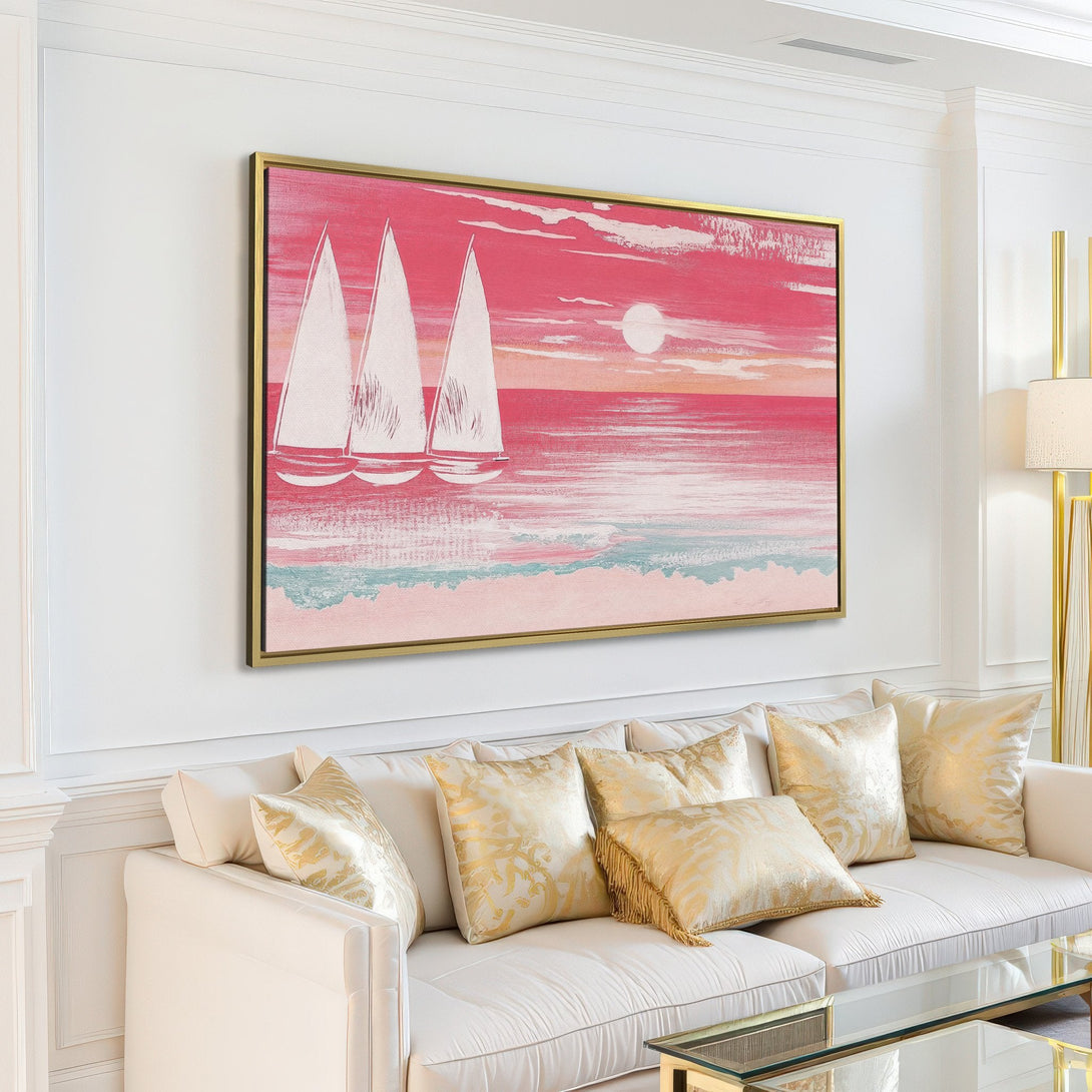 Canvas Print of sailboats at sunset, a coastal art piece in pink and white hues, perfect for adding a touch of serenity to any room.